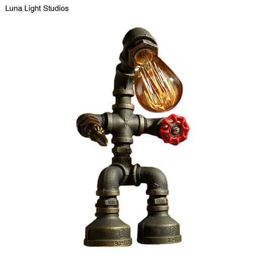 Cyberpunk Iron Pipe Robot Nightstand Lamp - Single-Bulb Brass/Copper Light For Boys Room