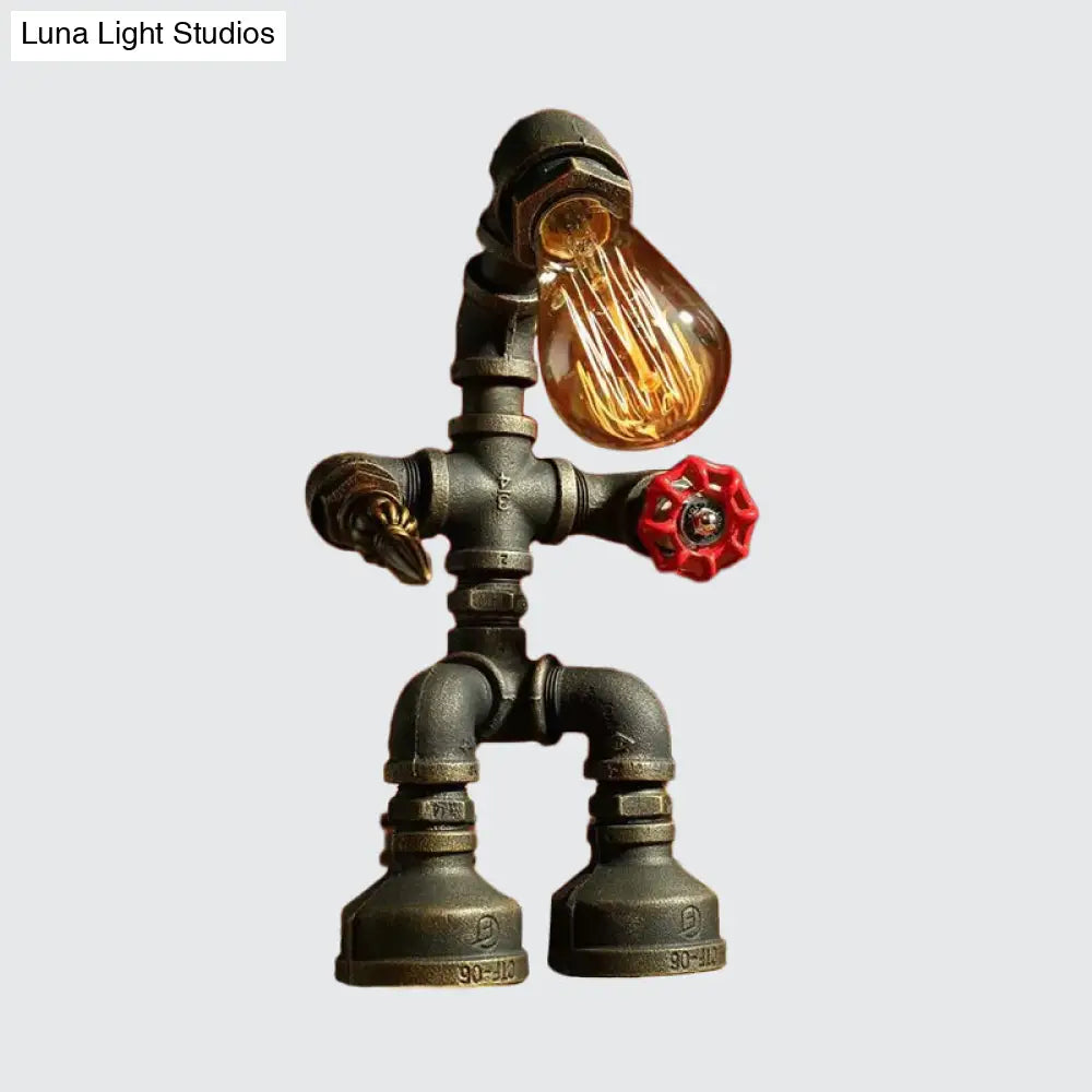 Cyberpunk Iron Pipe Robot Nightstand Lamp - Single-Bulb Brass/Copper Light For Boys Room