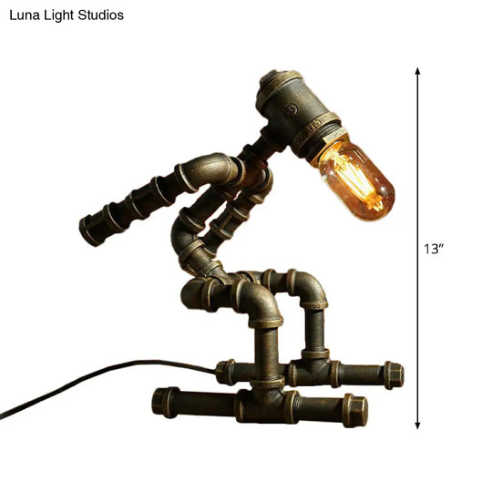 Cyberpunk Iron Pipe Robot Nightstand Lamp - Single-Bulb Brass/Copper Light For Boys Room