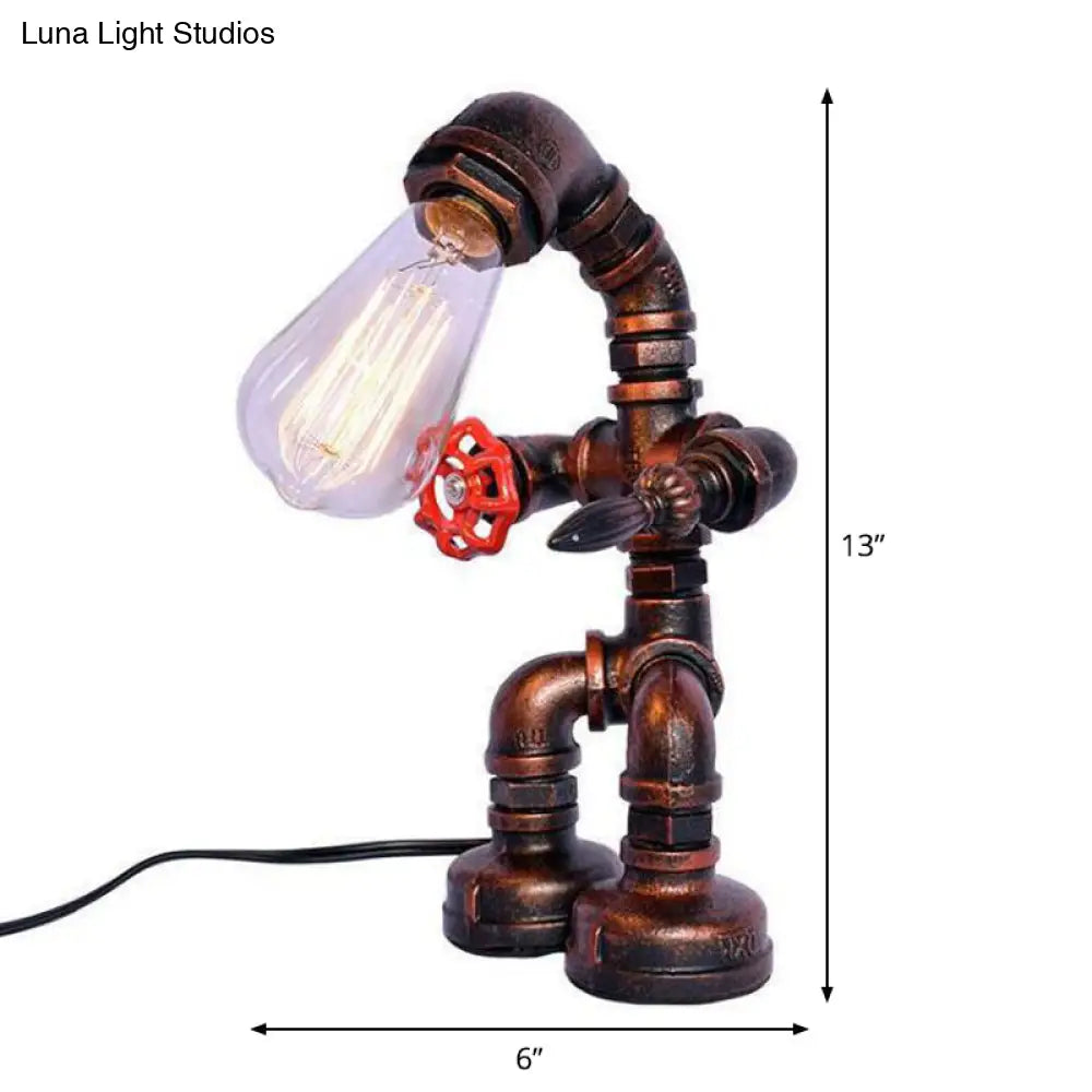 Cyberpunk Iron Pipe Robot Nightstand Lamp - Single-Bulb Brass/Copper Light For Boys Room