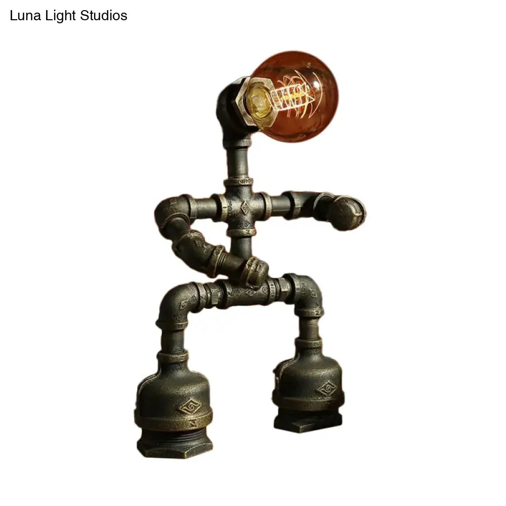 Cyberpunk Iron Pipe Robot Nightstand Lamp - Single-Bulb Brass/Copper Light For Boys Room