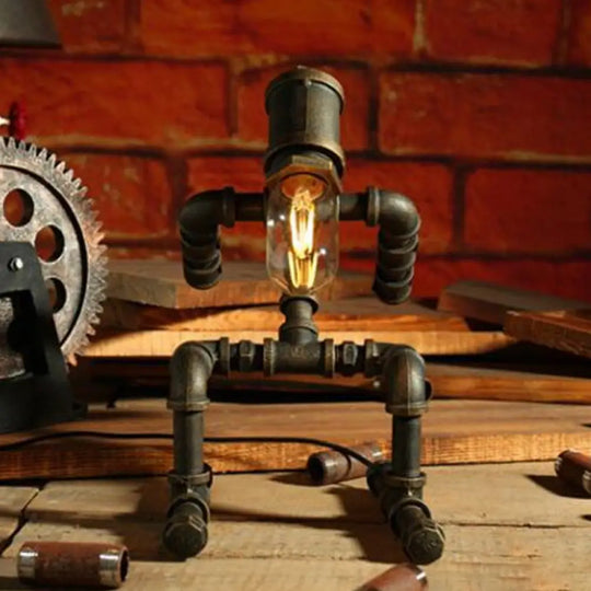 Cyberpunk Iron Pipe Robot Nightstand Lamp - Single-Bulb Brass/Copper Light For Boys Room Brass / E