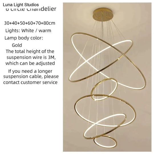 Cygnus - Unique Tiered Led Chandelier 6 Rings 30 40 50 60 70 80 / Gold Warm Light