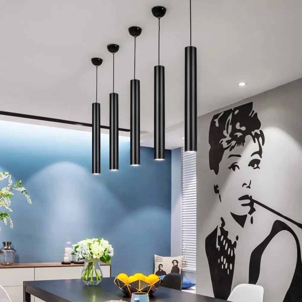 Cylinder Aluminum Pendant Lights - Minimalist Black Led Lighting For Dining Room (11’/19’/27’