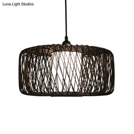 Cylinder Bamboo Suspension Pendant Light Kit - Contemporary Design Black/Wood Finish 1 Bulb