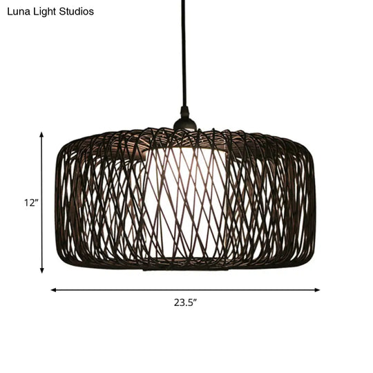 Cylinder Bamboo Suspension Pendant Light Kit - Contemporary Design Black/Wood Finish 1 Bulb