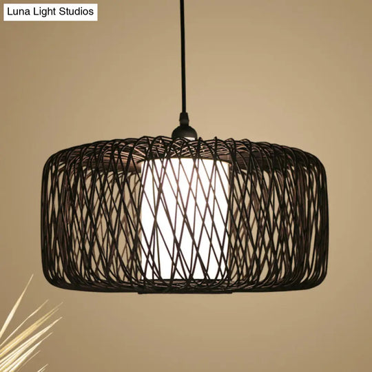 Cylinder Suspension Pendant Bamboo Hanging Light Kit Contemporary Design 1 Bulb Black/Wood Finish