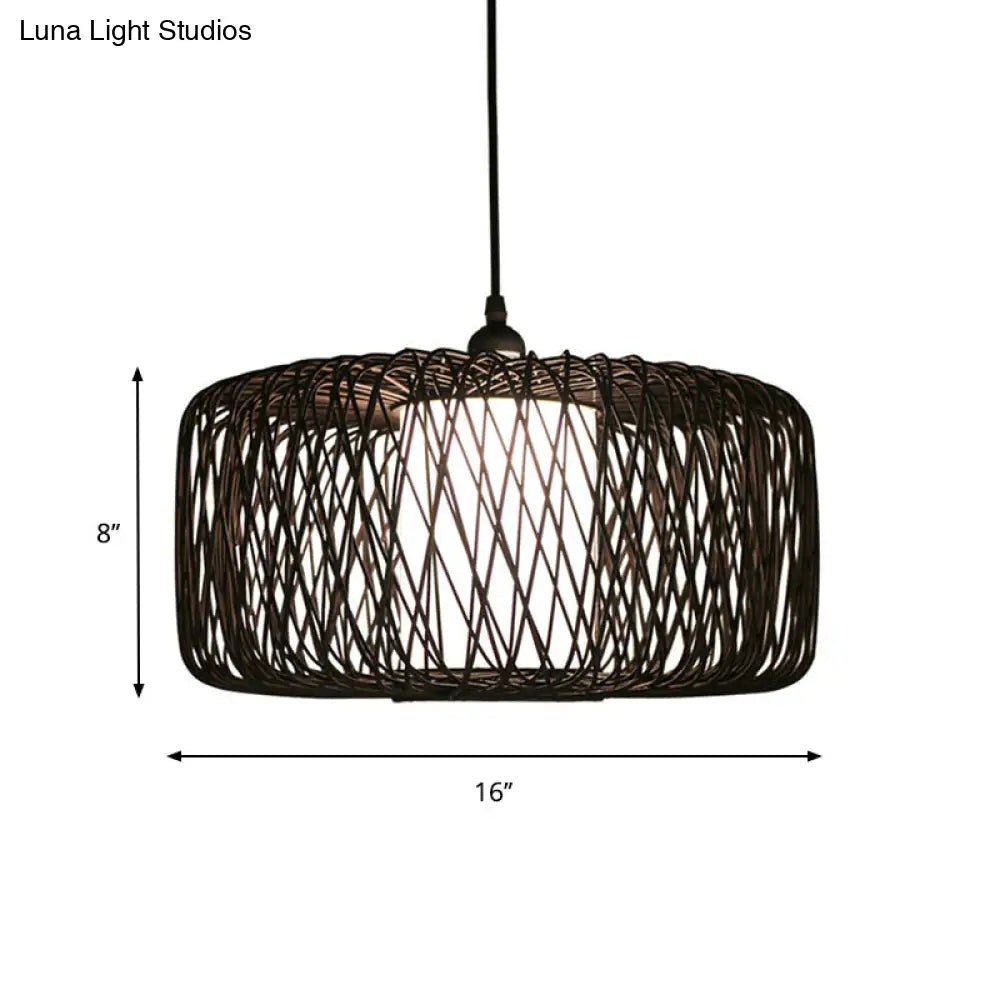 Cylinder Suspension Pendant Bamboo Hanging Light Kit Contemporary Design 1 Bulb Black/Wood Finish