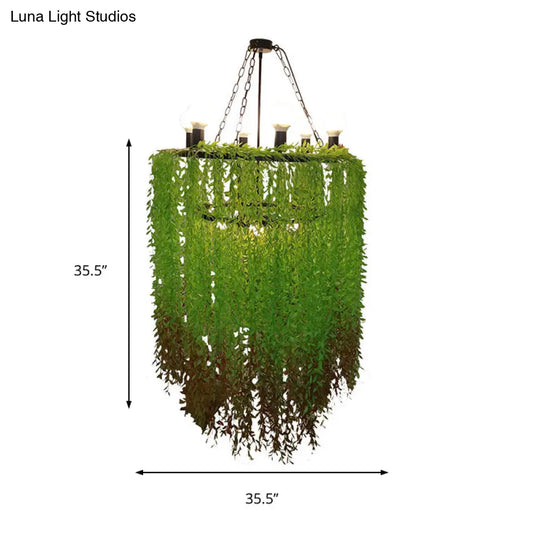 Cylinder Chandelier Lamp: 6 Heads Industrial Green Metal With Plant Decoration - Suspension Lighting