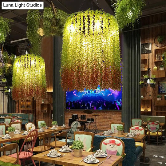 Industrial Green Metal Chandelier Lamp - 6 Heads Cylinder Suspension Lighting With Plant Décor