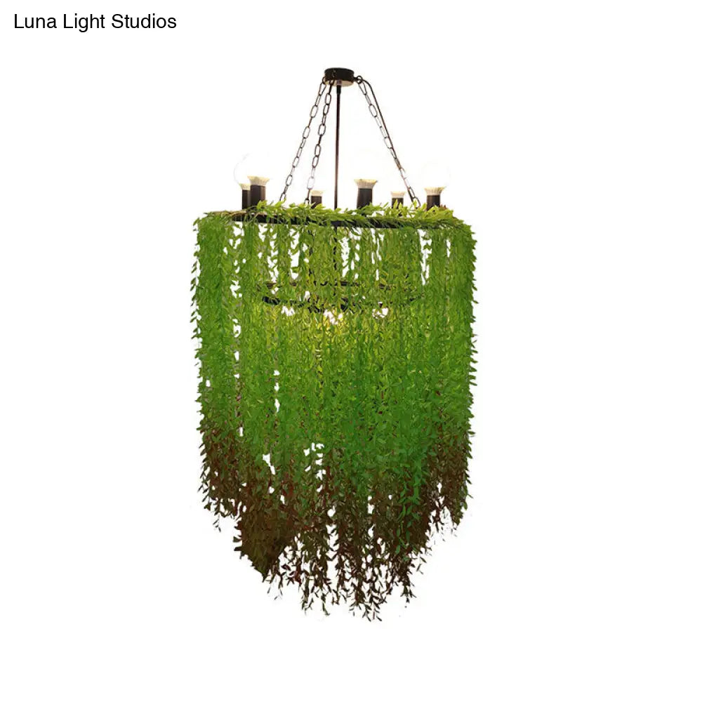 Cylinder Chandelier Lamp: 6 Heads Industrial Green Metal With Plant Decoration - Suspension Lighting