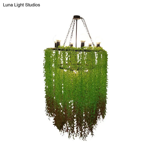 Cylinder Chandelier Lamp: 6 Heads Industrial Green Metal With Plant Decoration - Suspension Lighting