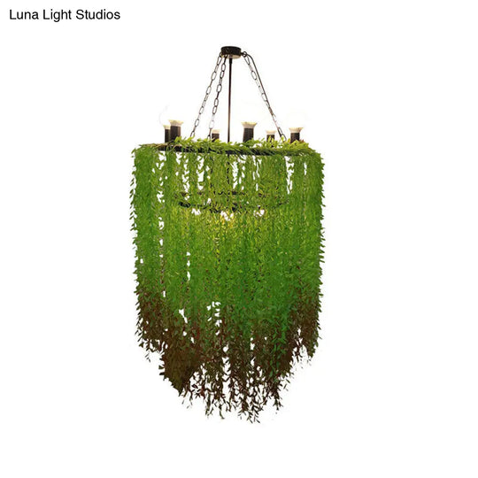 Industrial Green Metal Chandelier Lamp - 6 Heads Cylinder Suspension Lighting With Plant Décor