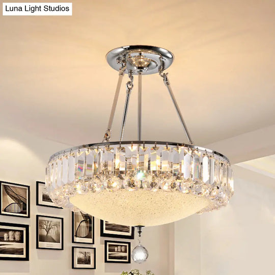 Cylinder Chrome Crystal Pendant Light With Frosted Glass Panel And Drop Accent