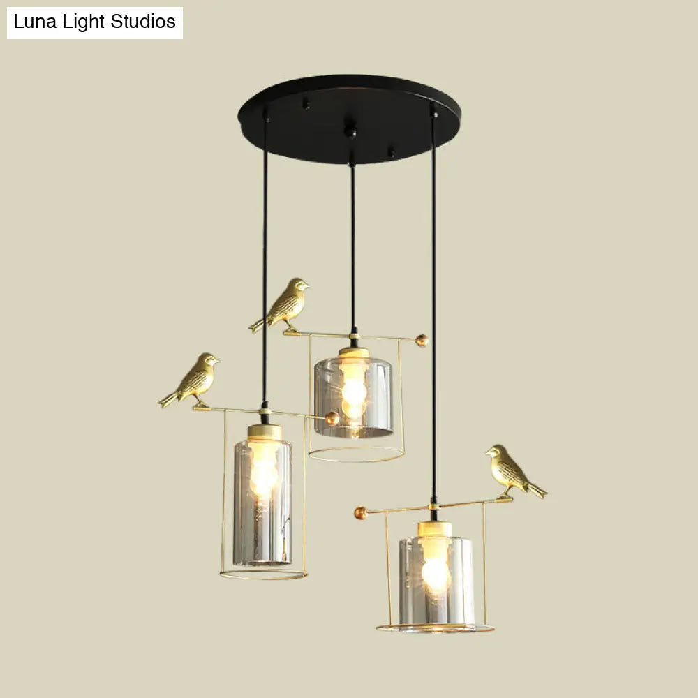 Cream/Smoke Gray Glass Dining Room Pendant With 3 Bulbs - Modern Suspension Lamp Gold Bird