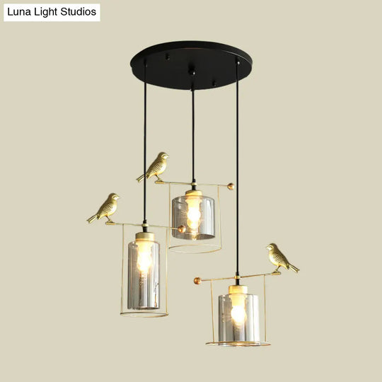 Cream/Smoke Gray Glass Dining Room Pendant With 3 Bulbs - Modern Suspension Lamp Gold Bird