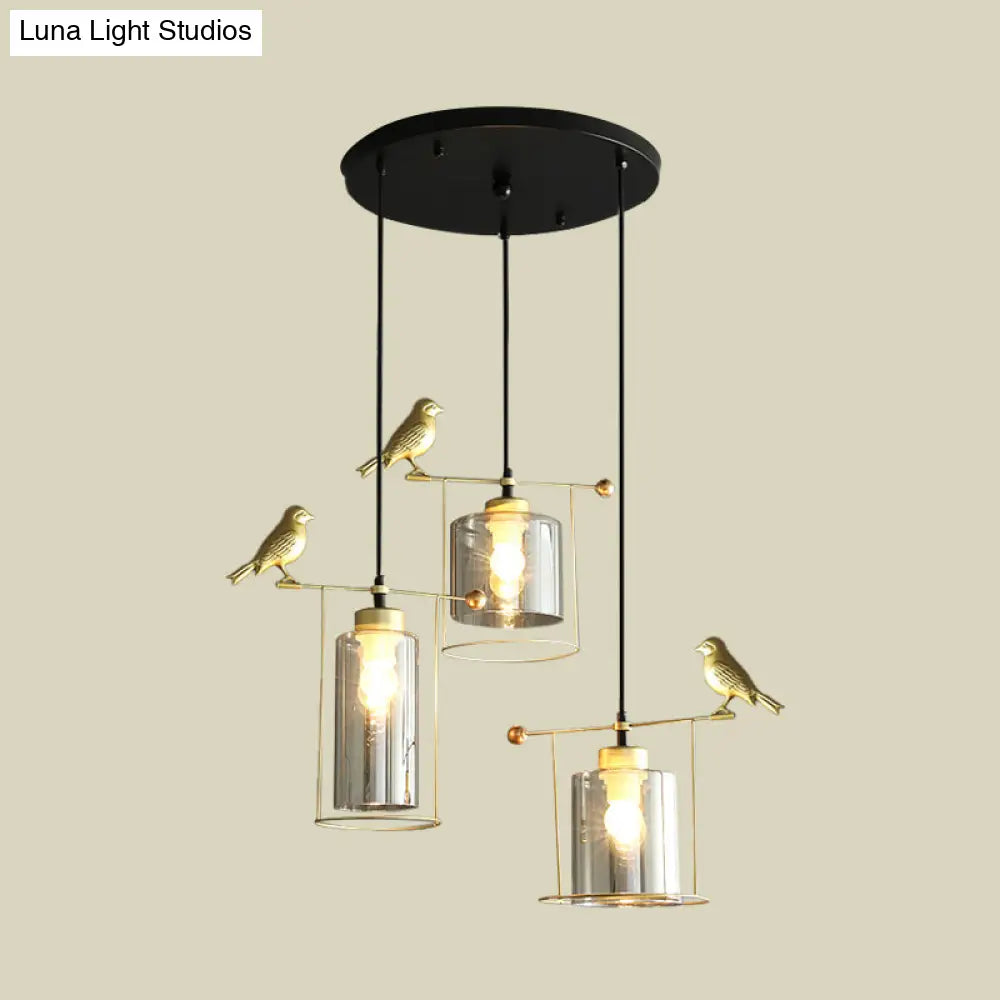 Cylinder Cluster Pendant Dining Room Lamp - Cream/Smoke Gray Glass Modernism Design With Gold Bird