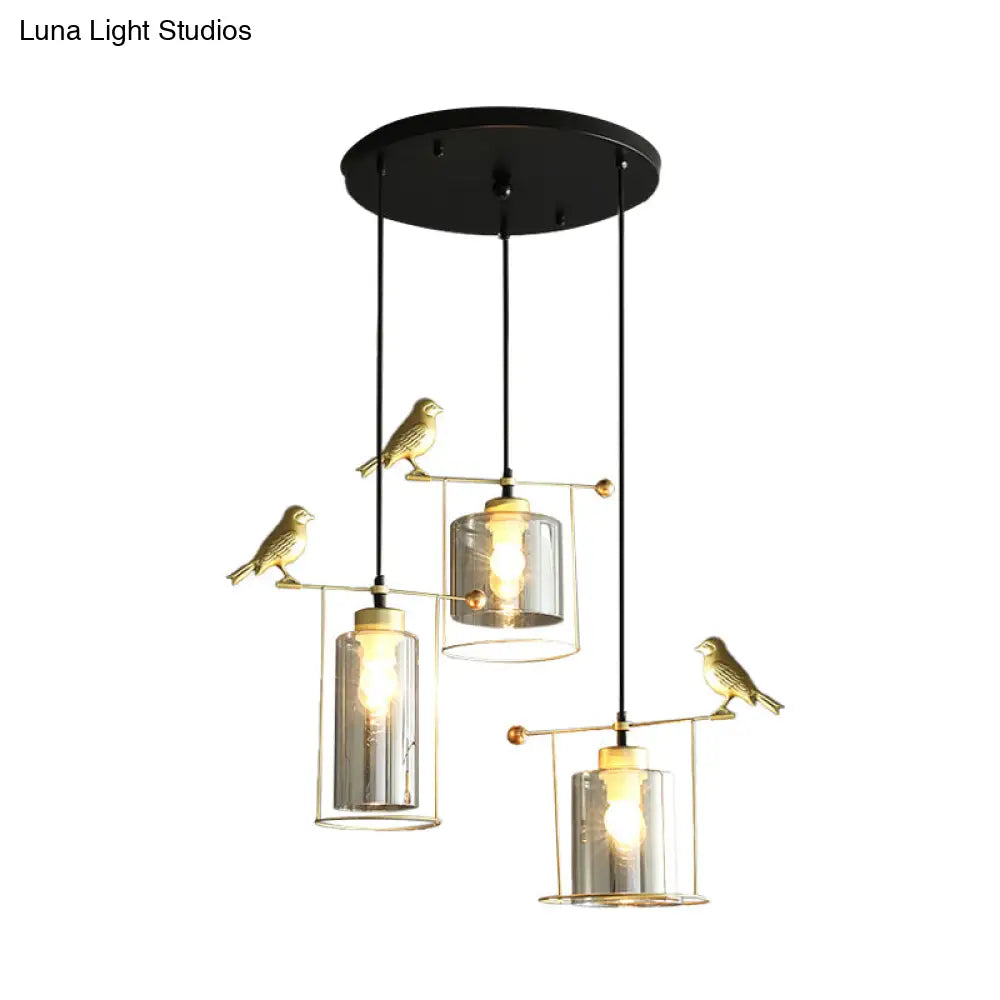 Cylinder Cluster Pendant Dining Room Lamp - Cream/Smoke Gray Glass Modernism Design With Gold Bird