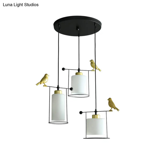 Cylinder Cluster Pendant Dining Room Lamp - Cream/Smoke Gray Glass Modernism Design With Gold Bird