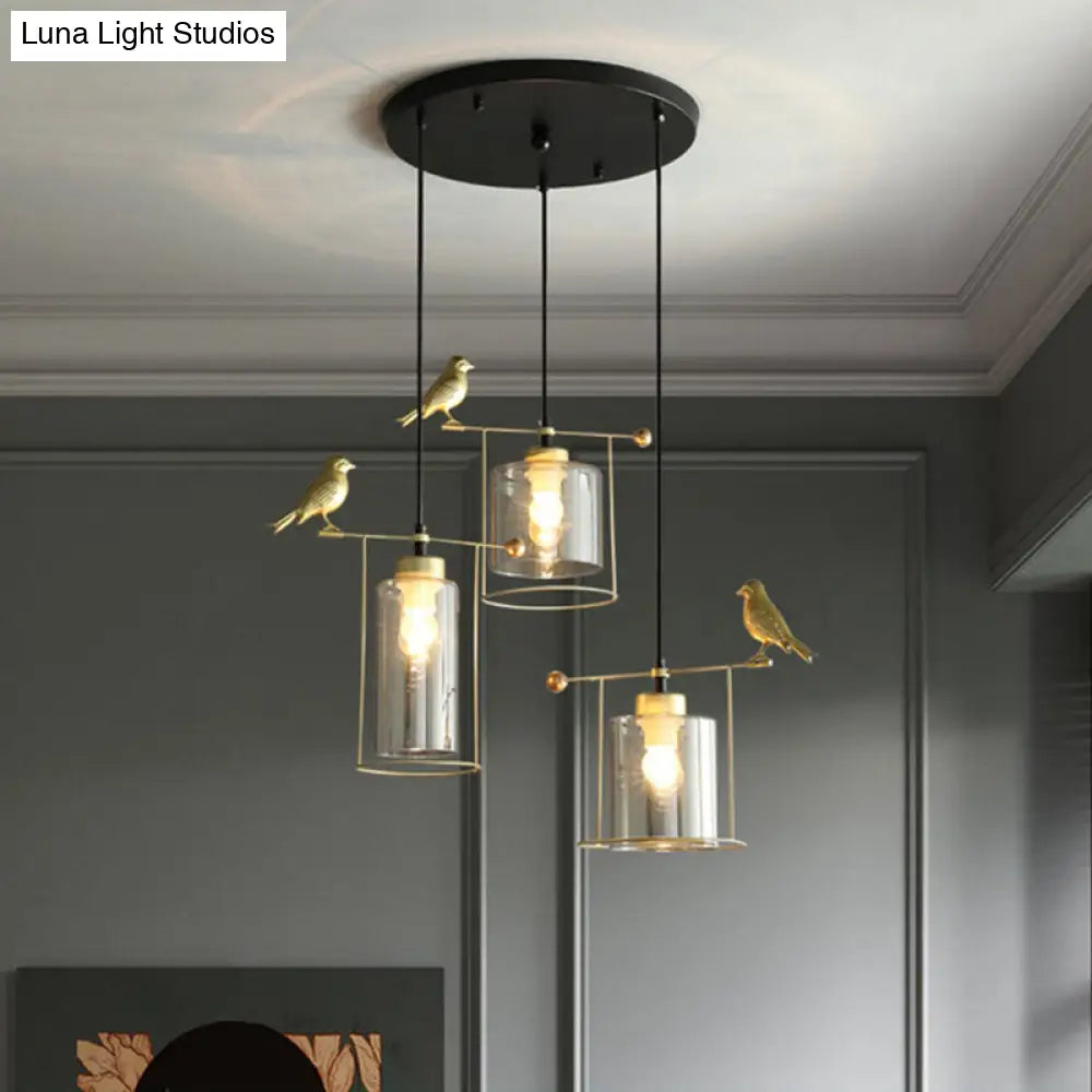 Cream/Smoke Gray Glass Dining Room Pendant With 3 Bulbs - Modern Suspension Lamp Gold Bird