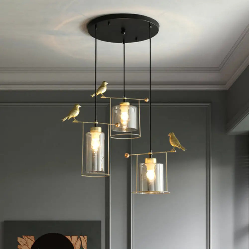 Cylinder Cluster Pendant Dining Room Lamp - Cream/Smoke Gray Glass Modernism Design With Gold Bird