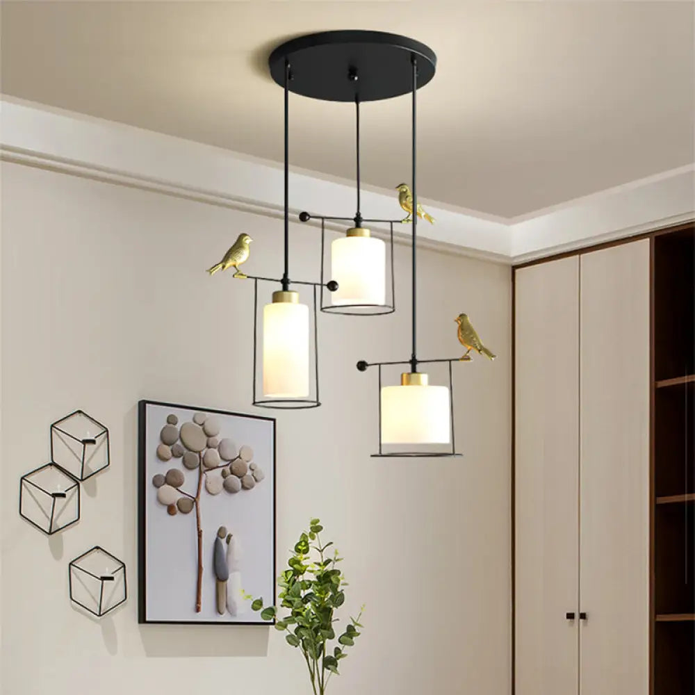 Cylinder Cluster Pendant Dining Room Lamp - Cream/Smoke Gray Glass Modernism Design With Gold Bird