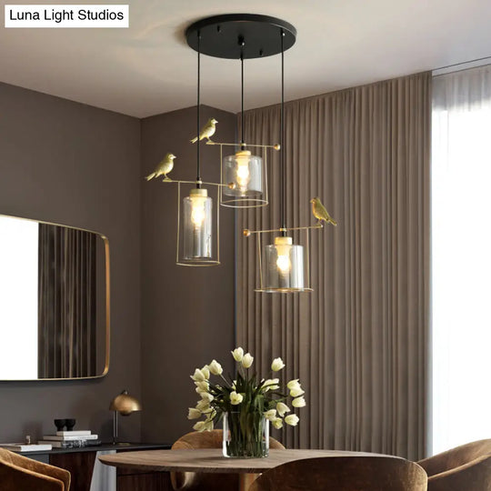 Cream/Smoke Gray Glass Dining Room Pendant With 3 Bulbs - Modern Suspension Lamp Gold Bird