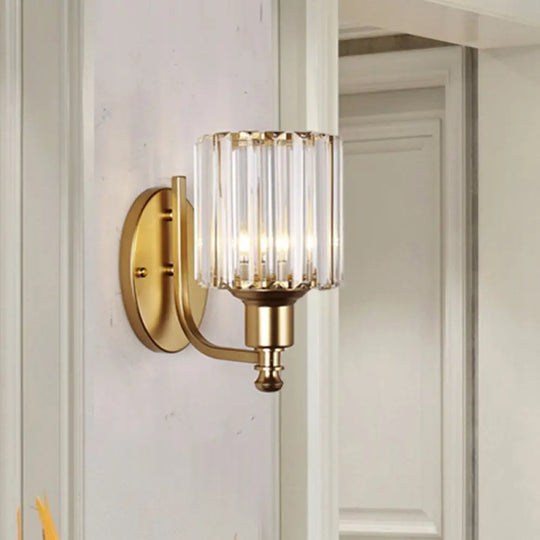 Cylinder Crystal Rectangle Wall Sconce - Contemporary Bedroom Light With Black/Gold Backplate Gold