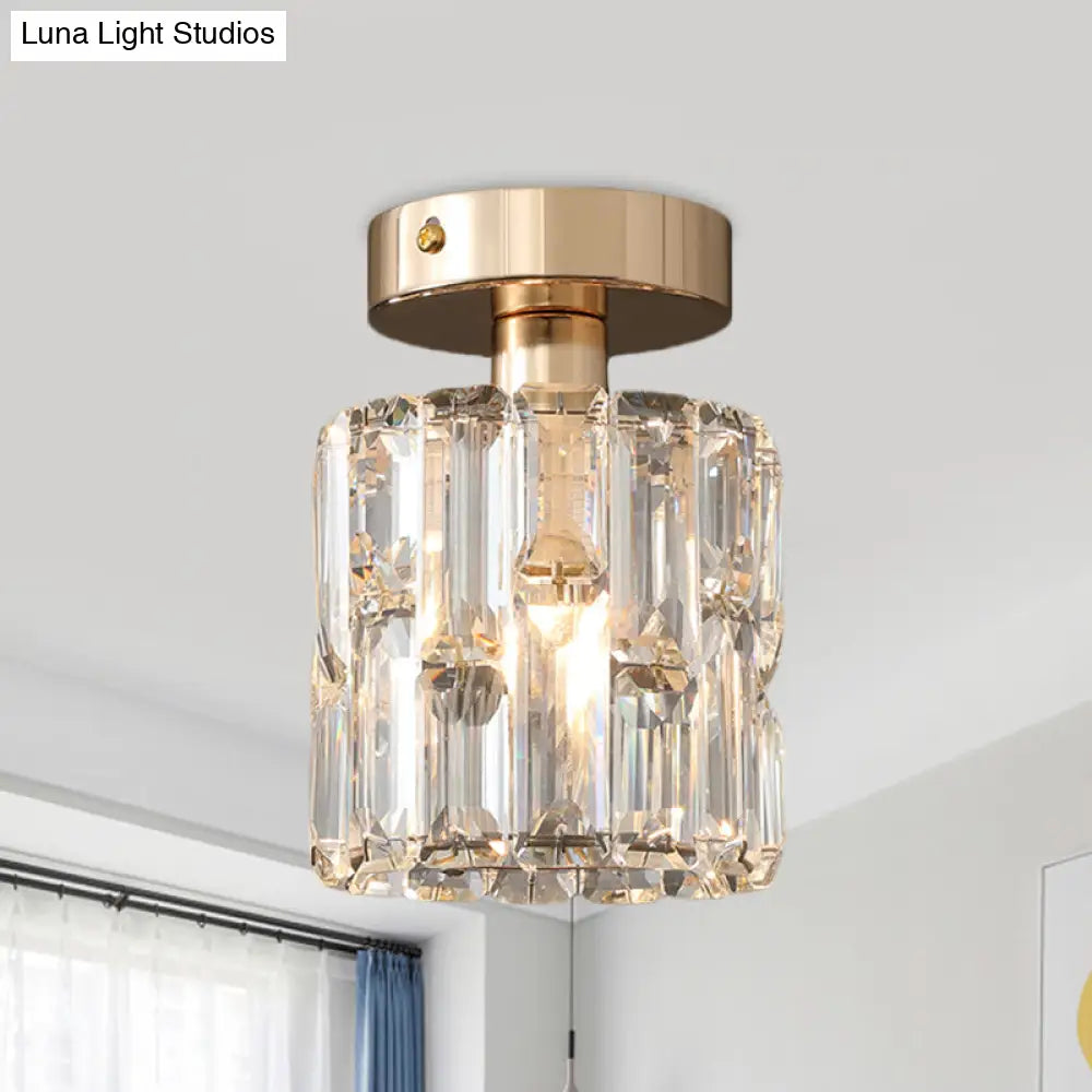 Cylinder Crystal Semi Flush Mount Ceiling Light In Clear/Smoke Grey - Small Bulb