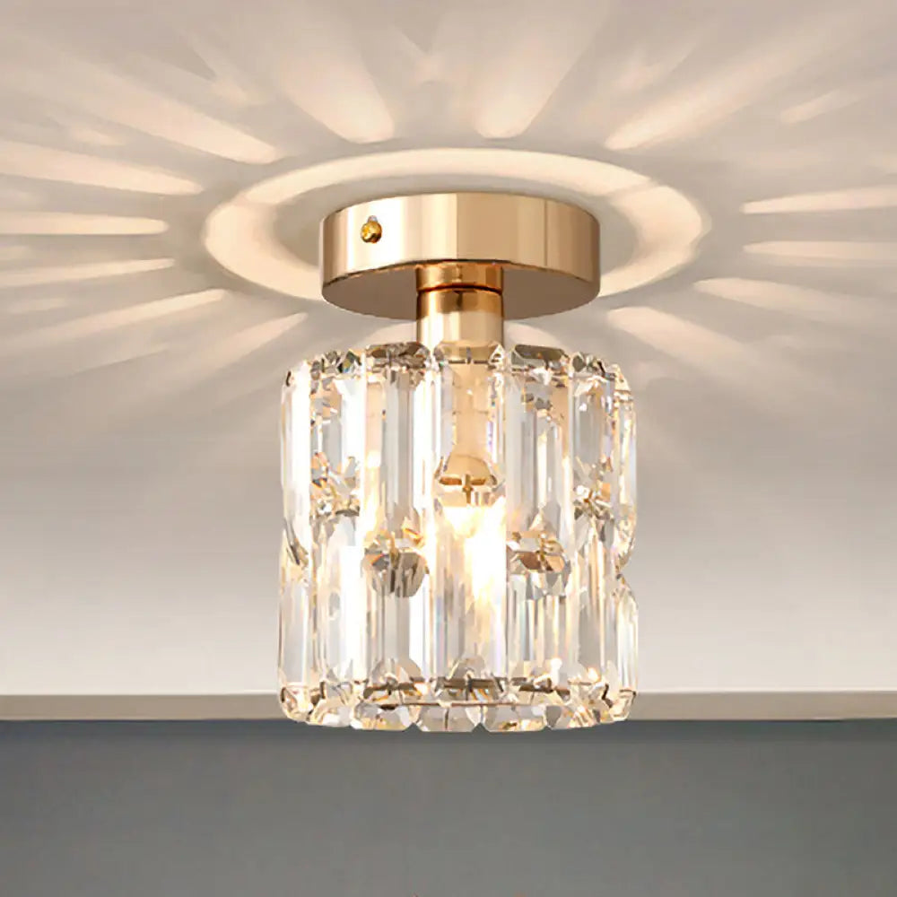 Cylinder Crystal Semi Flush Mount Ceiling Light In Clear/Smoke Grey - Small Bulb Clear