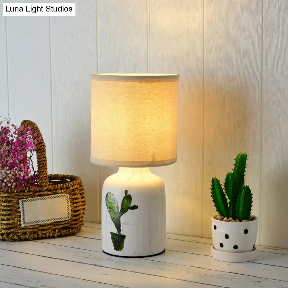 Cylinder Desk Lamp - Modernist Paper 1-Light White Table Light With Ceramic Base & Cactus Pattern