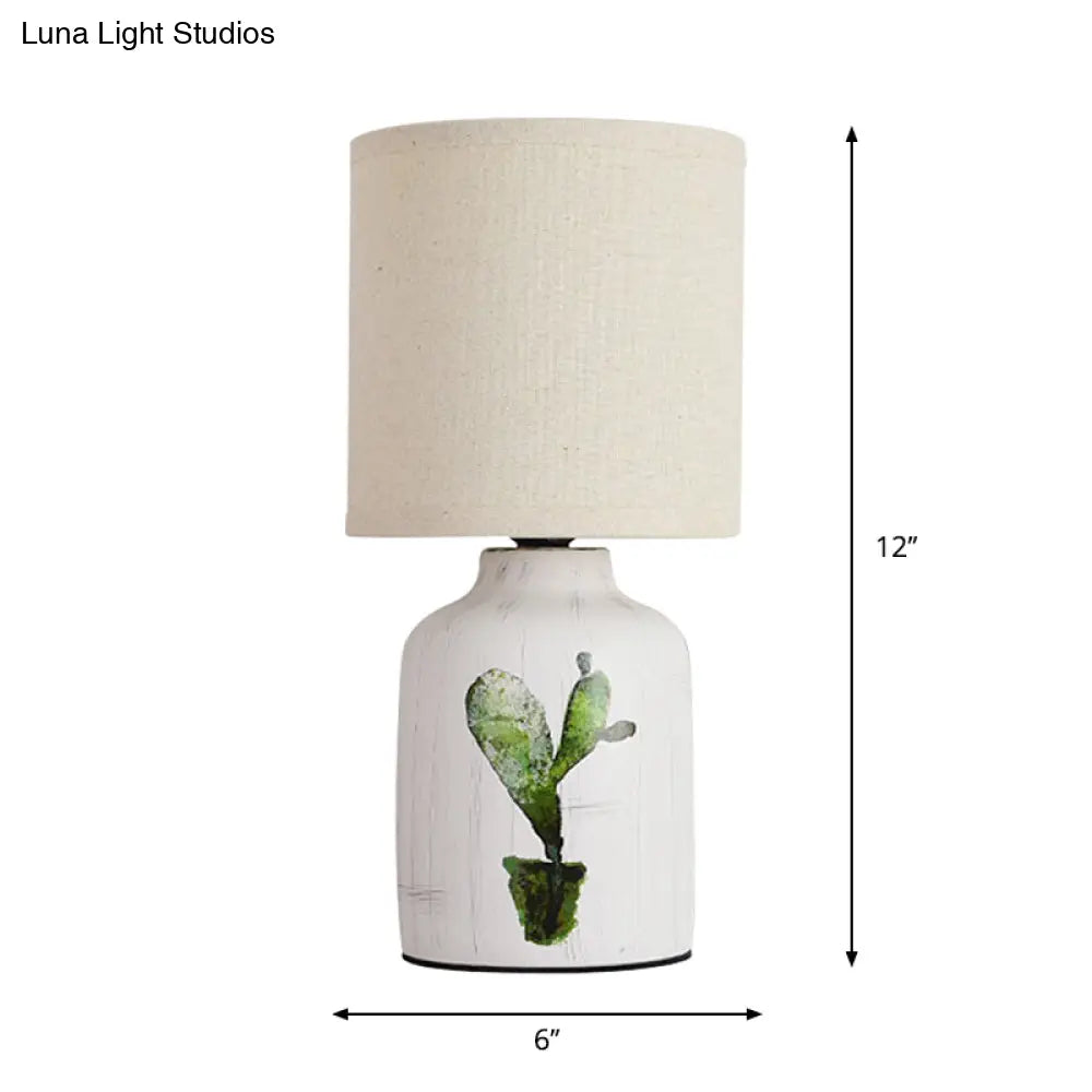 Cylinder Desk Lamp - Modernist Paper 1-Light White Table Light With Ceramic Base & Cactus Pattern