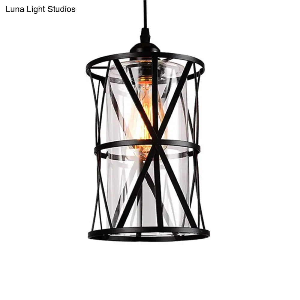 Cylinder Glass Pendant Light In Black With Industrial Iron Frame