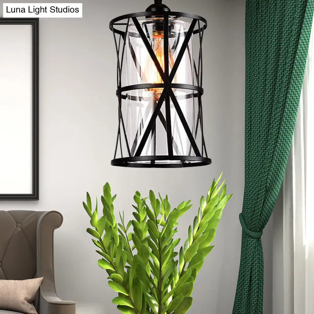 Industrial Clear Glass Pendant Light With Black Iron Frame