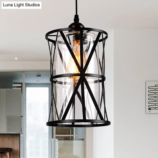 Cylinder Glass Pendant Light In Black With Industrial Iron Frame