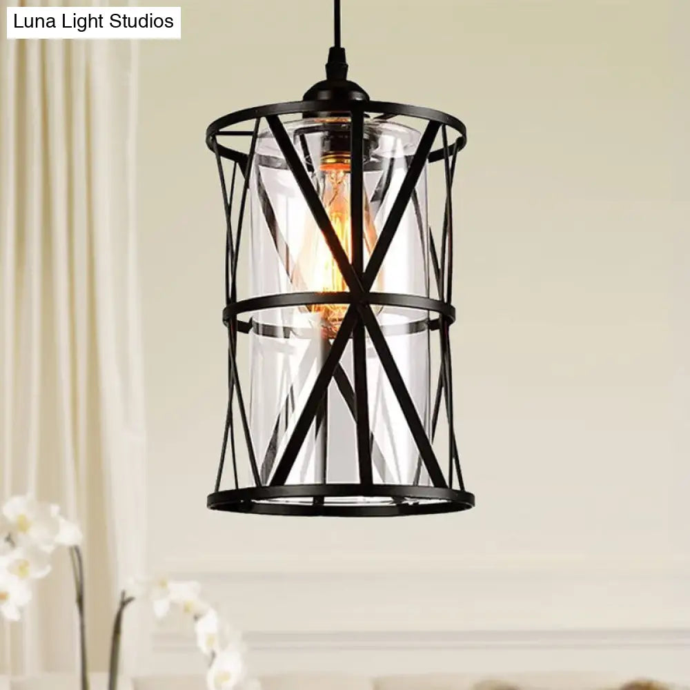 Cylinder Glass Pendant Light In Black With Industrial Iron Frame