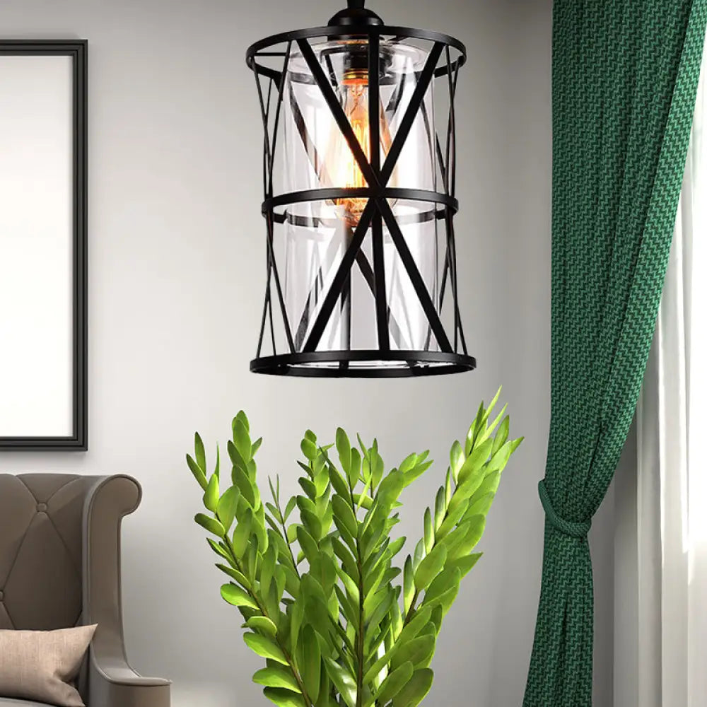 Cylinder Glass Pendant Light In Black With Industrial Iron Frame