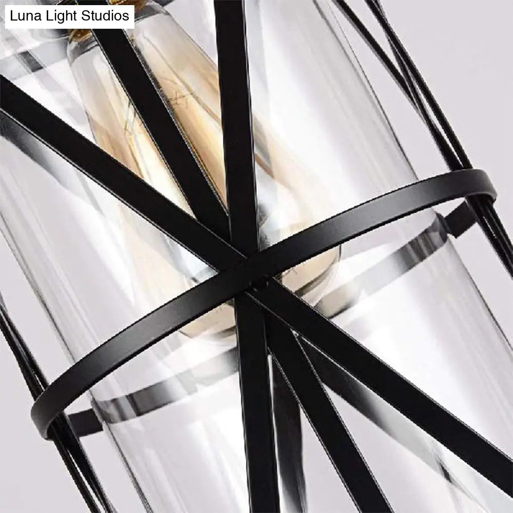 Cylinder Glass Pendant Light In Black With Industrial Iron Frame
