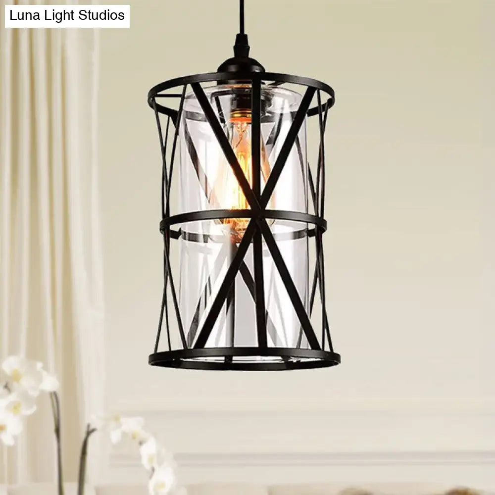 Industrial Clear Glass Pendant Light With Black Iron Frame