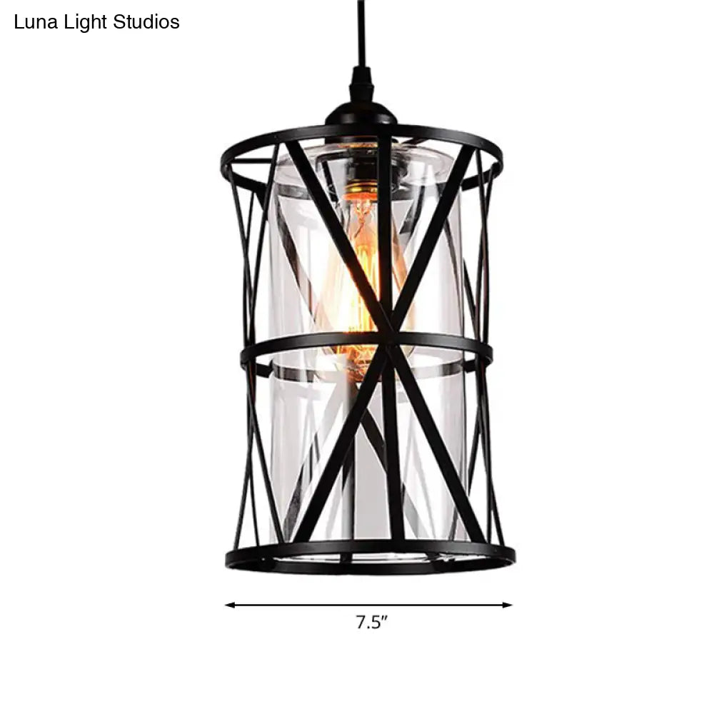 Cylinder Glass Pendant Light In Black With Industrial Iron Frame