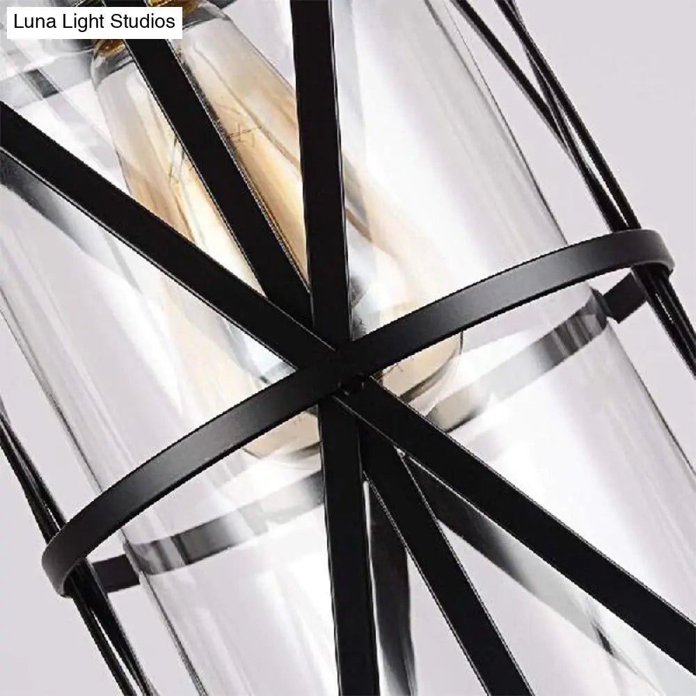 Industrial Clear Glass Pendant Light With Black Iron Frame