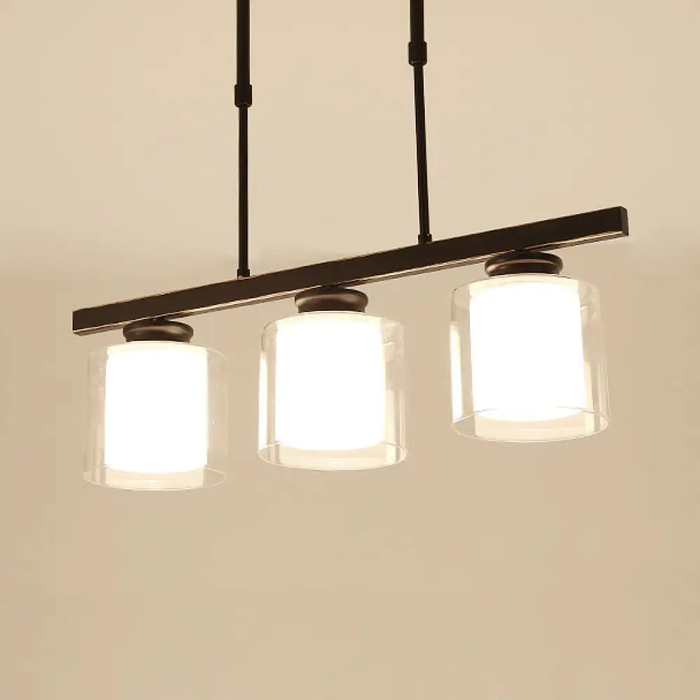 Cylinder Island Pendant Light Fixture - Modern Black/Silver Clear Glass Ideal For Kitchen 3 / Black