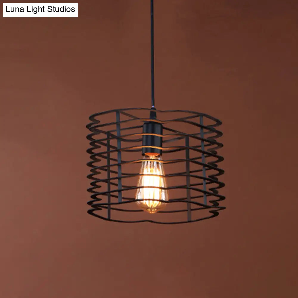 Cylinder Metal Ceiling Hanging Light - Industrial Suspension Lamp In Black