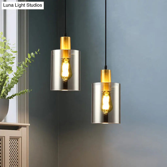 Cylinder Pendant Light: Postmodern Smoke Gray Glass 1 Head Hanging Lamp For Bedroom