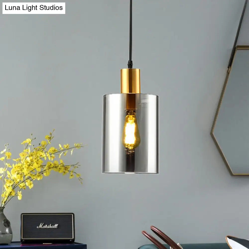 Postmodern Smoke Gray Glass Cylinder Pendant Light Fixture - Bedroom Hanging Lamp Kit