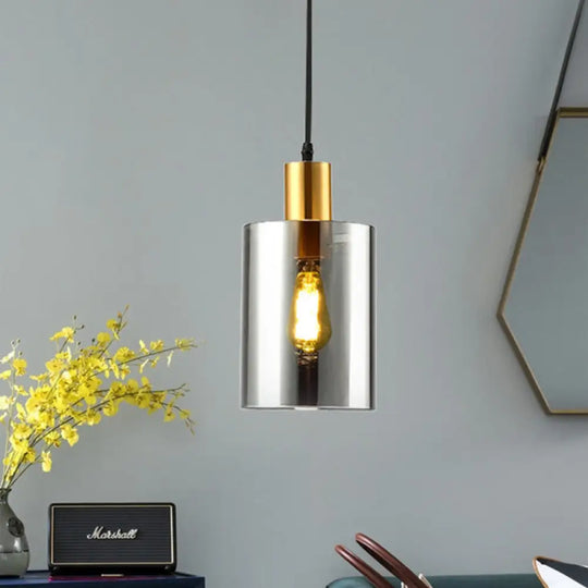 Cylinder Pendant Light: Postmodern Smoke Gray Glass 1 Head Hanging Lamp For Bedroom