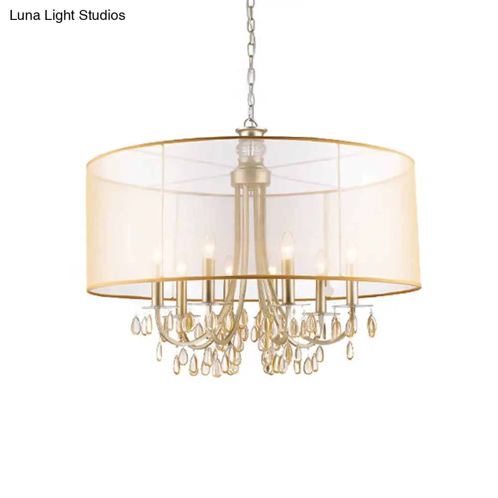 Cylinder Rustic Fabric Ceiling Light With Crystal Drop - 5/8 Lights Gold Chandelier