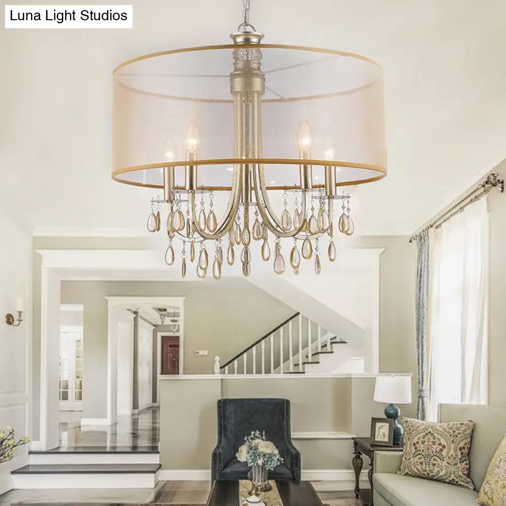 Cylinder Rustic Fabric Ceiling Light With Crystal Drop - 5/8 Lights Gold Chandelier