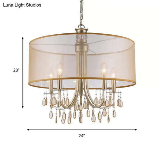 Cylinder Rustic Fabric Ceiling Light With Crystal Drop - 5/8 Lights Gold Chandelier