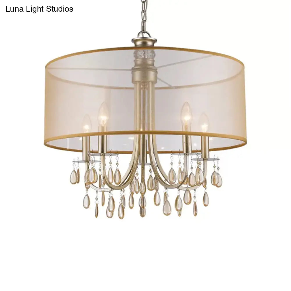 Cylinder Rustic Fabric Ceiling Light With Crystal Drop - 5/8 Lights Gold Chandelier